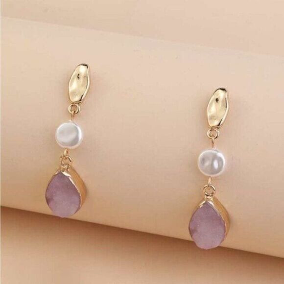 Natural Stone Pink White Drop Earrings - Picture 2 of 3